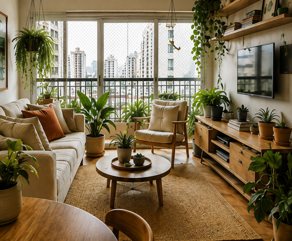 Sala de apartamento organizada e acolhedora, decorada com plantas naturais