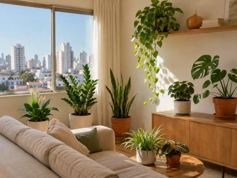 Plantas em vasos em sala clara de apartamento com luz indireta.