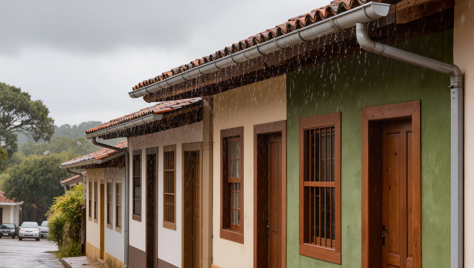 Casa protegida durante chuva forte com calhas e drenagem