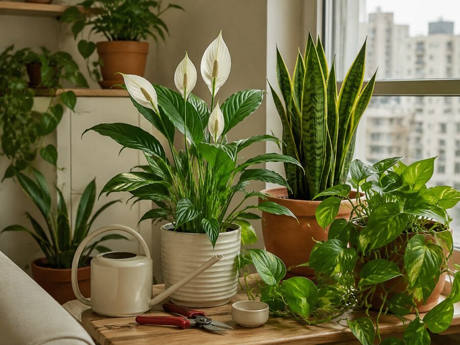 Plantas naturais em apartamento com itens de cuidado