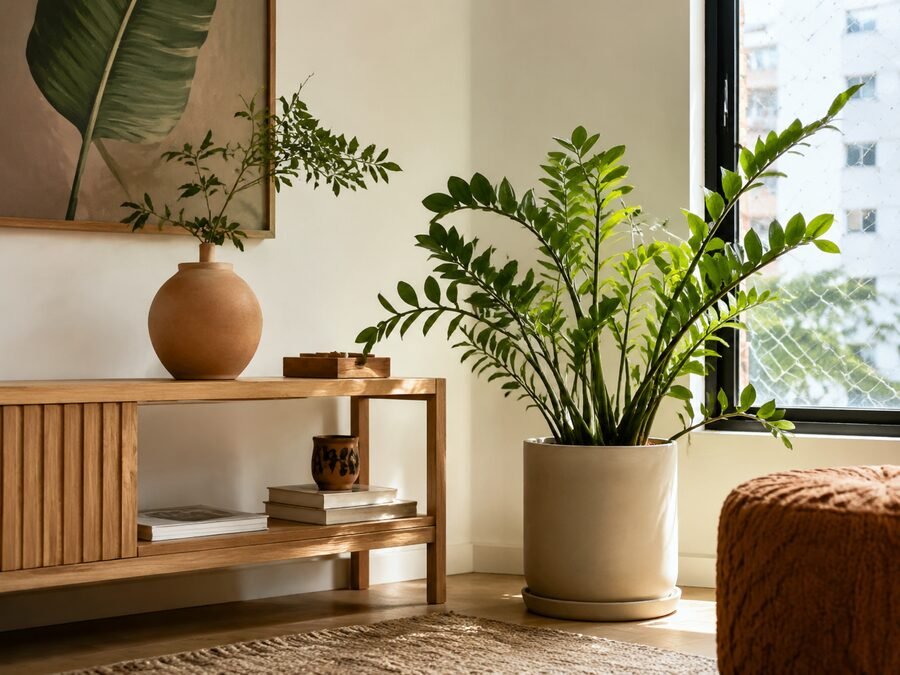 Canto de sala decorado com planta natural