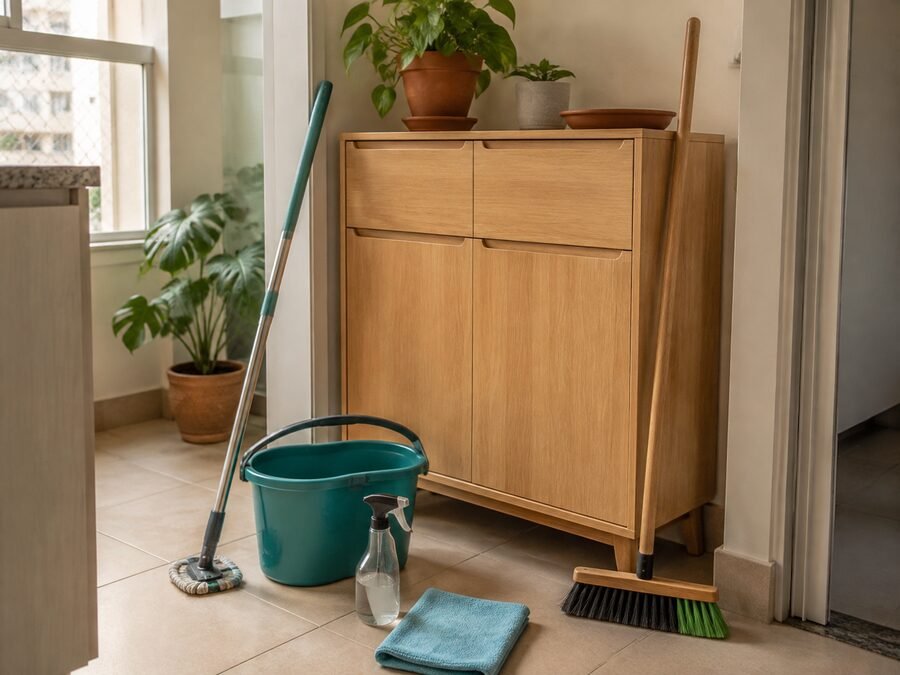 Materiais de limpeza organizados em apartamento